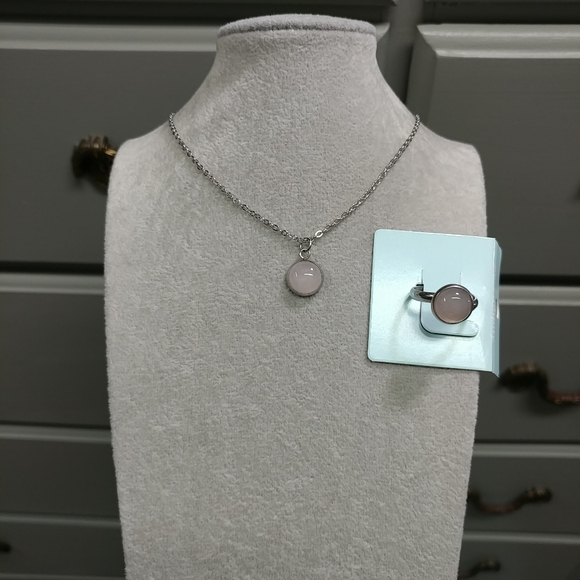 Rose Quartz Necklace & Ring Set Natural Gemstone Adjustable Stainless-Steel Ring - Picture 11 of 11